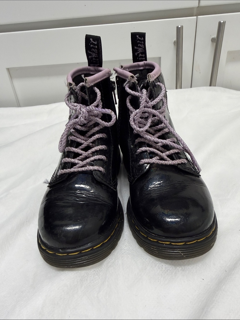 Dr. Martens Black Patent Lace-Up Boots with Lavender Accents